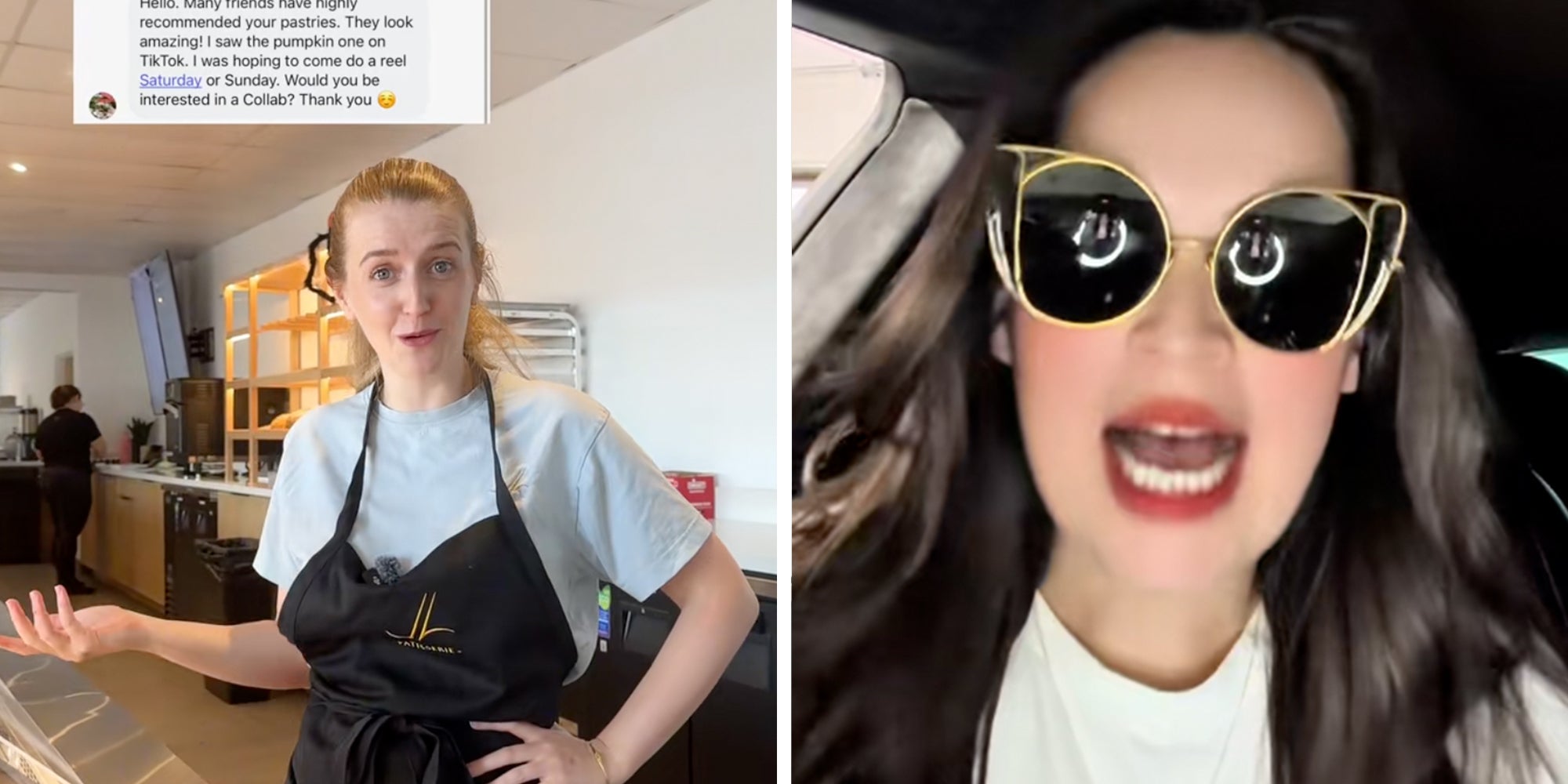 Left: Bakery owner standing behind a counter in a black apron. Right: Influencer in glasses and red lipstick speaking into the camera.