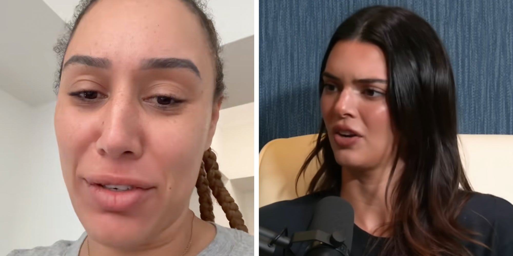 Left: NBA player Ben Simmons' sister Liv Simmons looking into the camera. Right: Kendall Jenner on a podcast speaking into the mic.