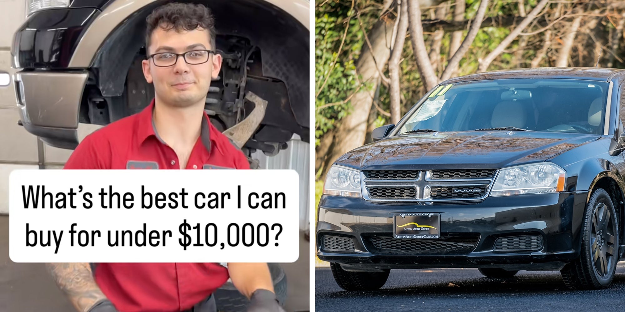 Left: Mechanic in a red shirt standing in front of a car in a car garage underneath text overlay reading, 'What's the best car I can buy for under $10,000?' Right: Portland, OR, USA February 25, 2024 Black Dodge Avenger parked showing the front bumper.