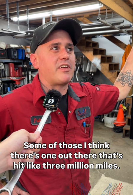 TikTok video of a car mechanic saying 'Some of those I think there's one out there that's hit like three million miles.'