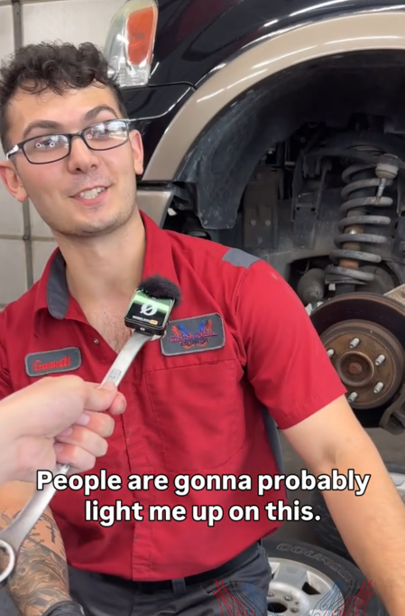 TikTok video of a car mechanic saying 'People are probably gonna light me up on this.'