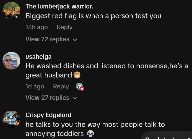 TikTok comments including one reading 'Biggest red flag is when a person test you'