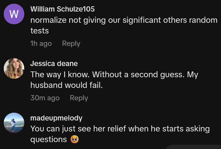 TikTok comments including one reading 'normalize not giving our significant others random tests'