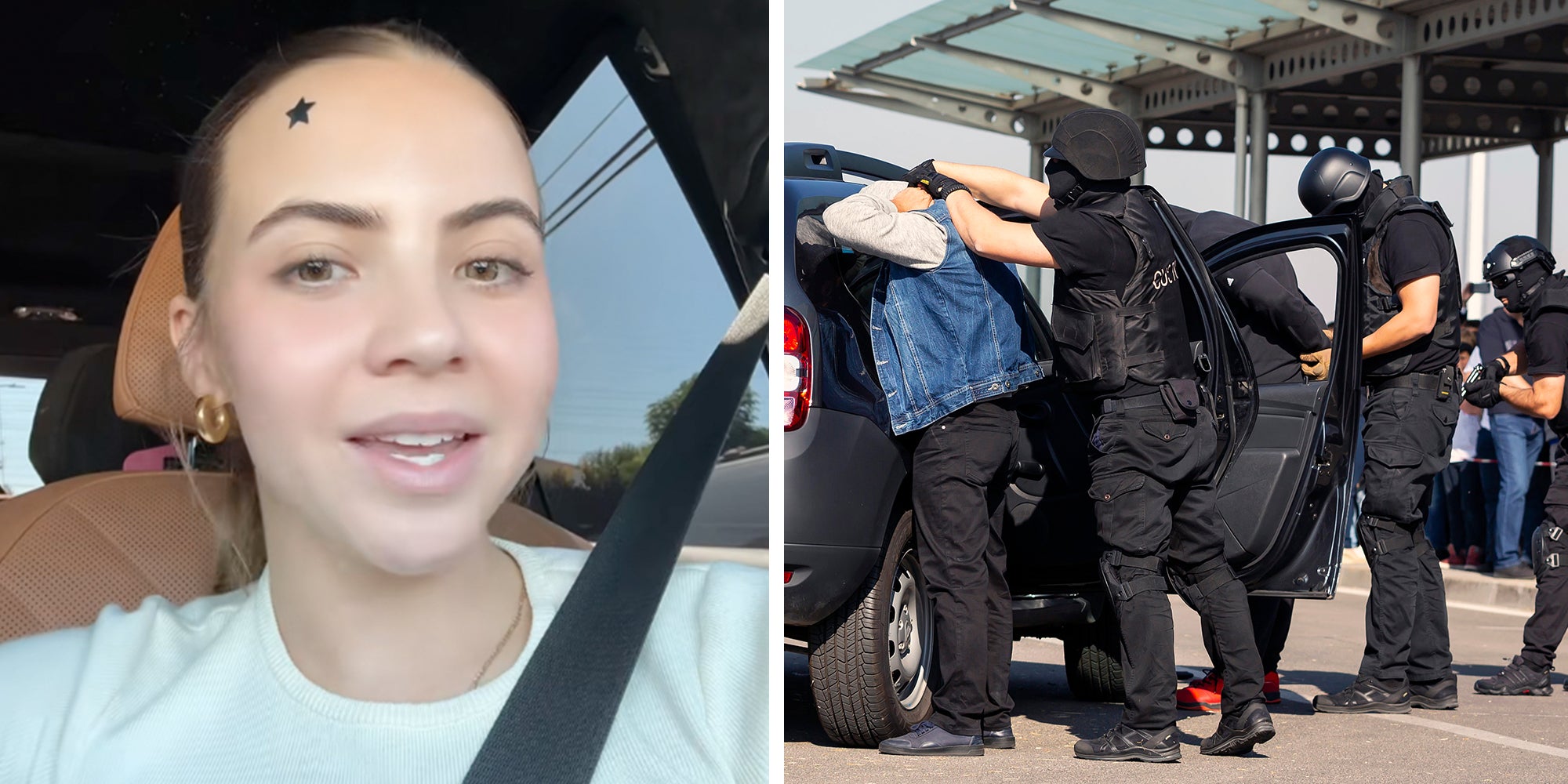 Left: Podcaster and influencer Bobbi Althoff speaking into the camera while sitting in her car. Right: Customs and border protection officers and Drug enforcement administration special forces participate in a training at the airport for searching and seizing drugs.