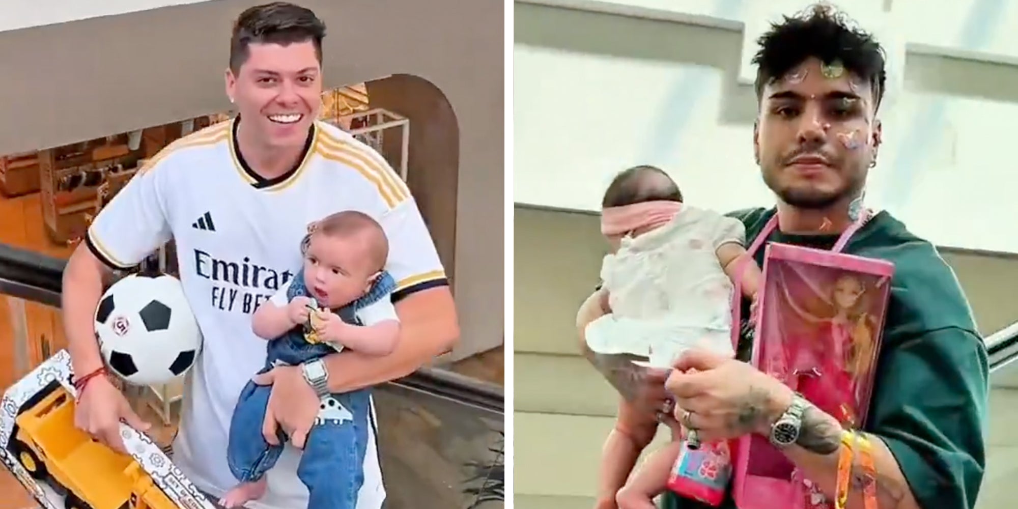 Left: 'Boy dad' man in a soccer jersey holding his infant son along with a soccer ball and toy truck. Right: 'Girl dad' Man holding infant girl and a barbie doll.