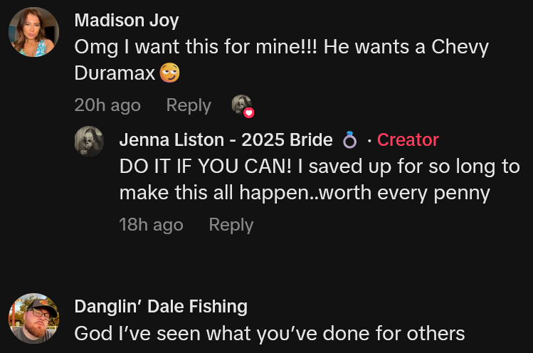 TikTok comments including one reading 'Omg I want this for mine!!! He wants a Chevy Duramax'