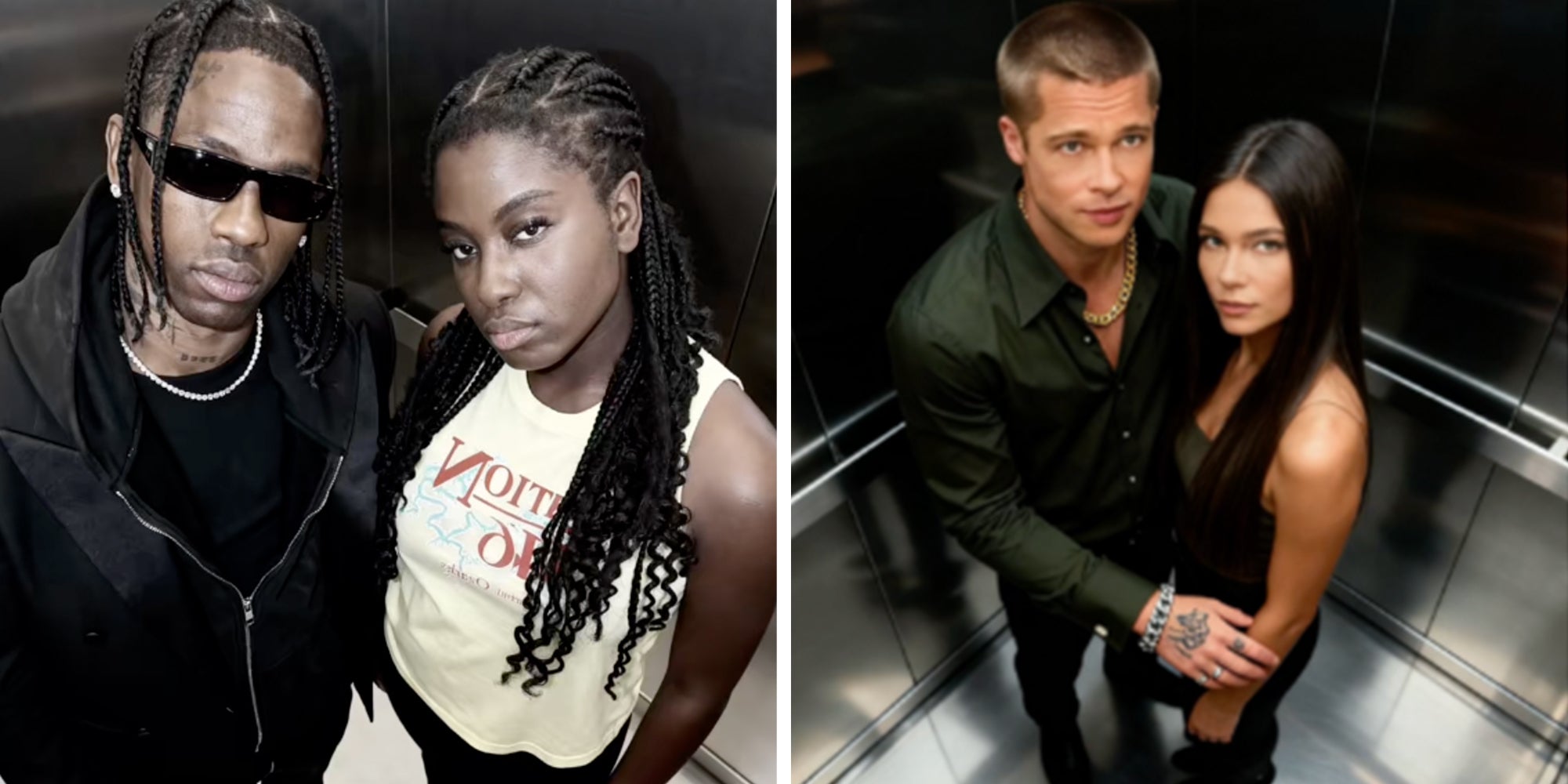Left: Woman standing in an elevator next to Travis Scott. Right: Woman standing in an elevator with Brad Pitt.