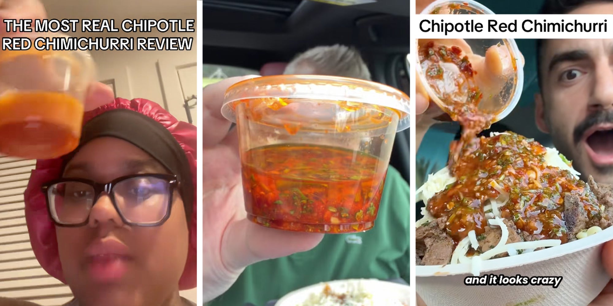Left: Woman in glasses holding a container of Chipotle's new red chimichurri sauce. Middle: Man in his car holding a container of Chipotle's new red chimichurri sauce. Right: Man pouring a container of Chipotle's new red chimichurri sauce onto a meat bowl.