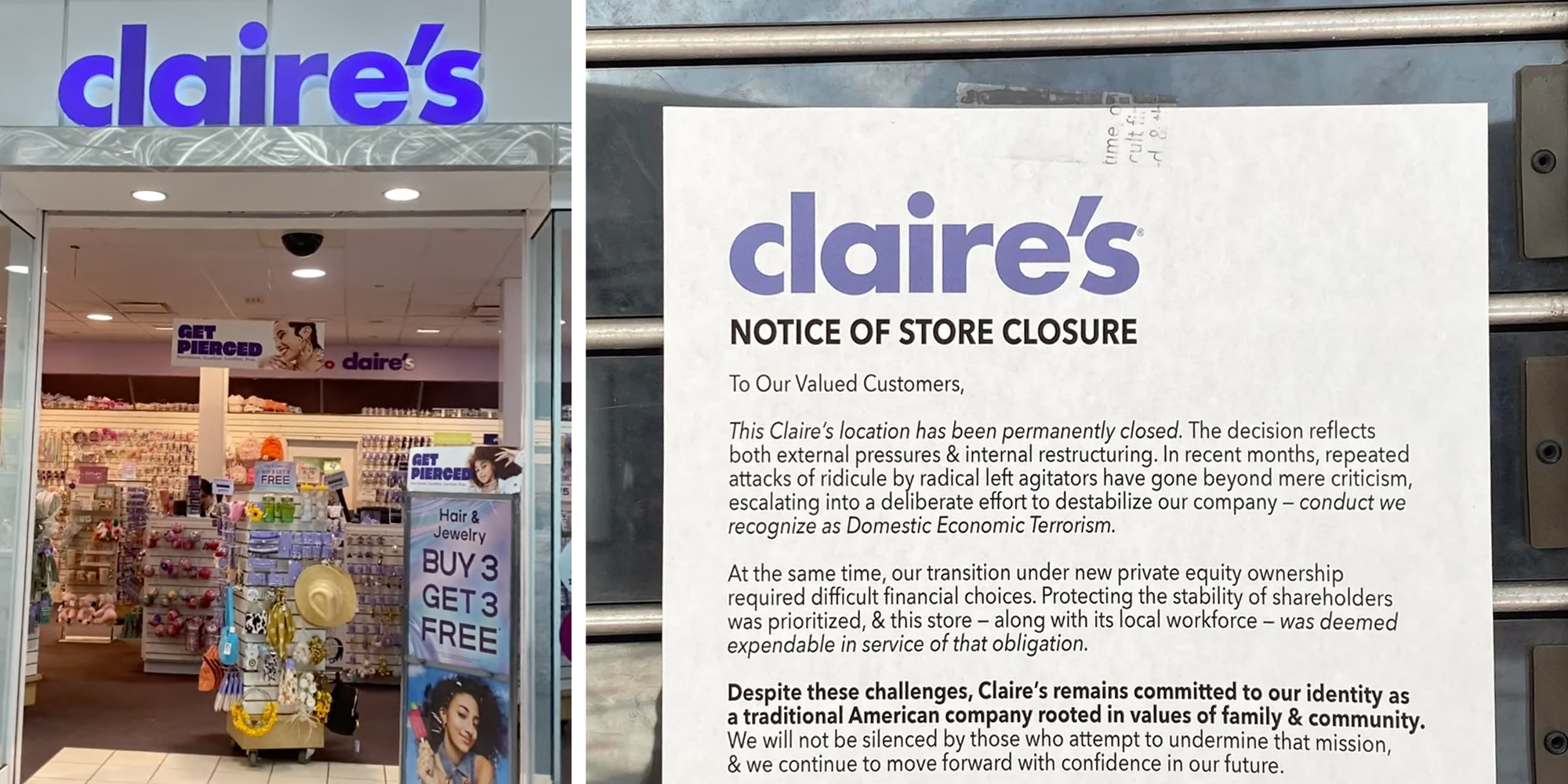 claires stores notice of closure blaming the radical left