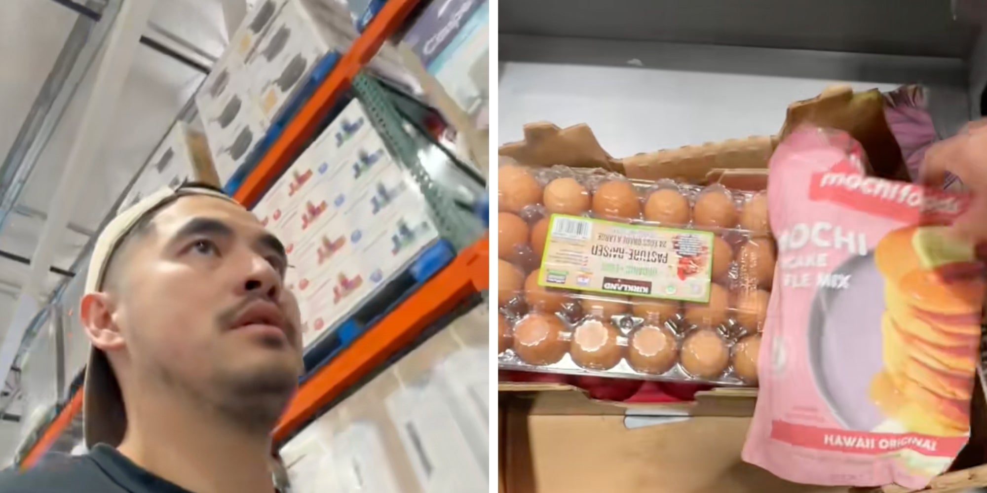 Left: Man in a backwards hat walking through Costco. Right: Costco groceries in a box after checkout, including eggs and mochi pancake mix.