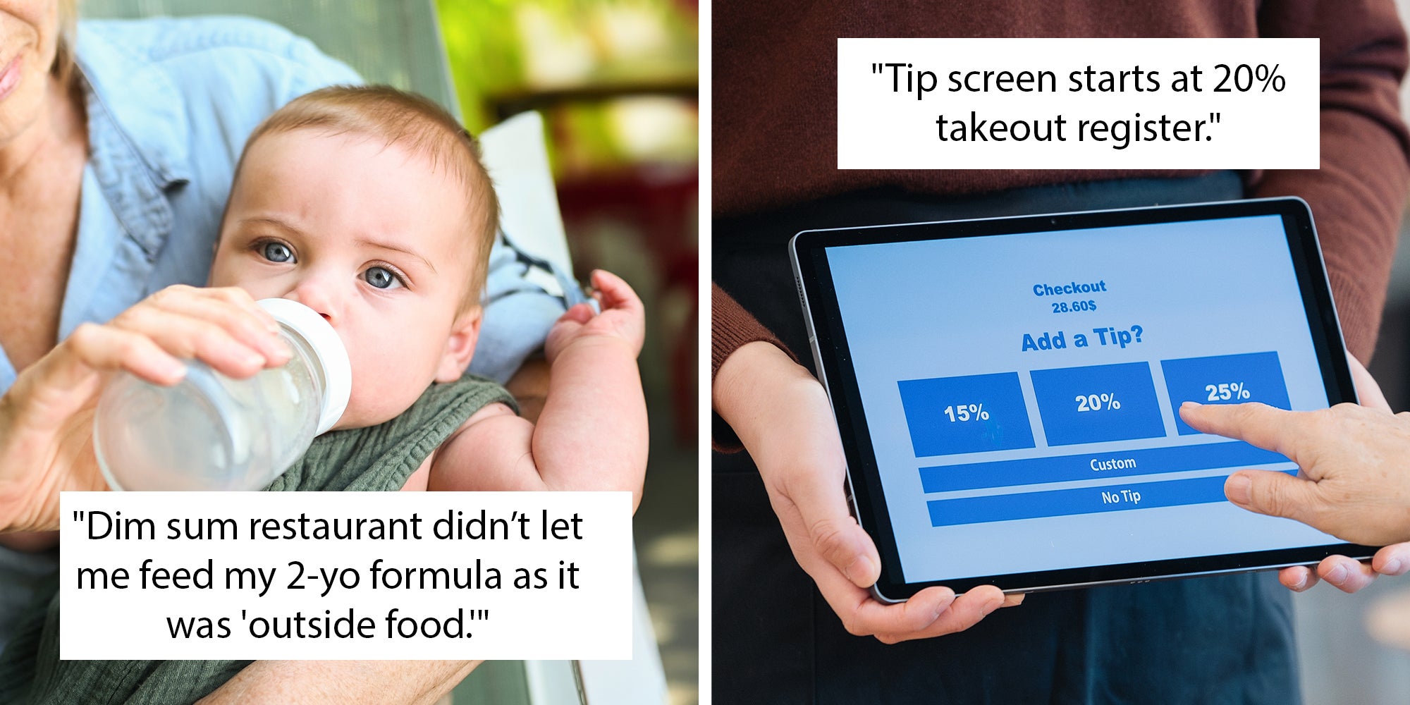 Left: Woman feeding formula from a bottle to an infant in a restaurant. Right: Employee holding tablet for tip payment in cafe and customer touching it to pay tip.