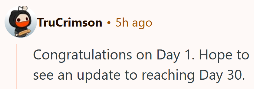 Reddit comment reading 'Congratulations on Day 1. Hope to see an update to reaching Day 30.'