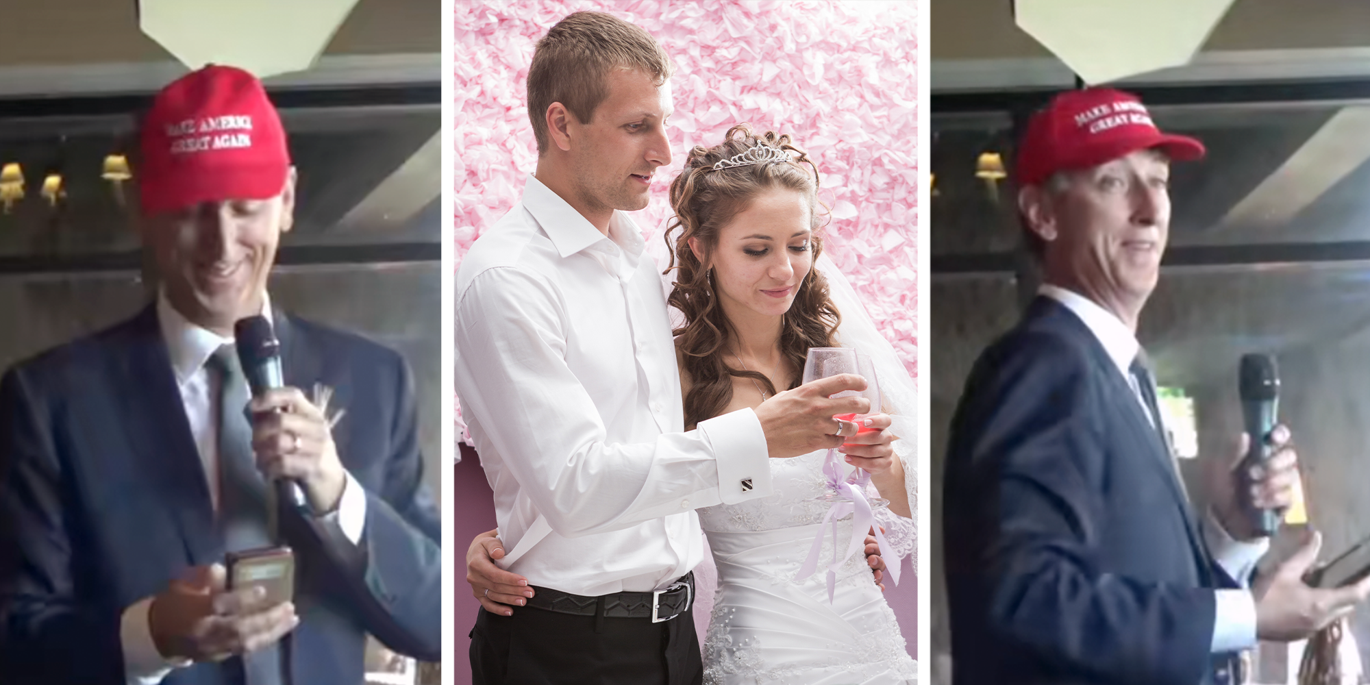 father wears maga hat durring wedding speech