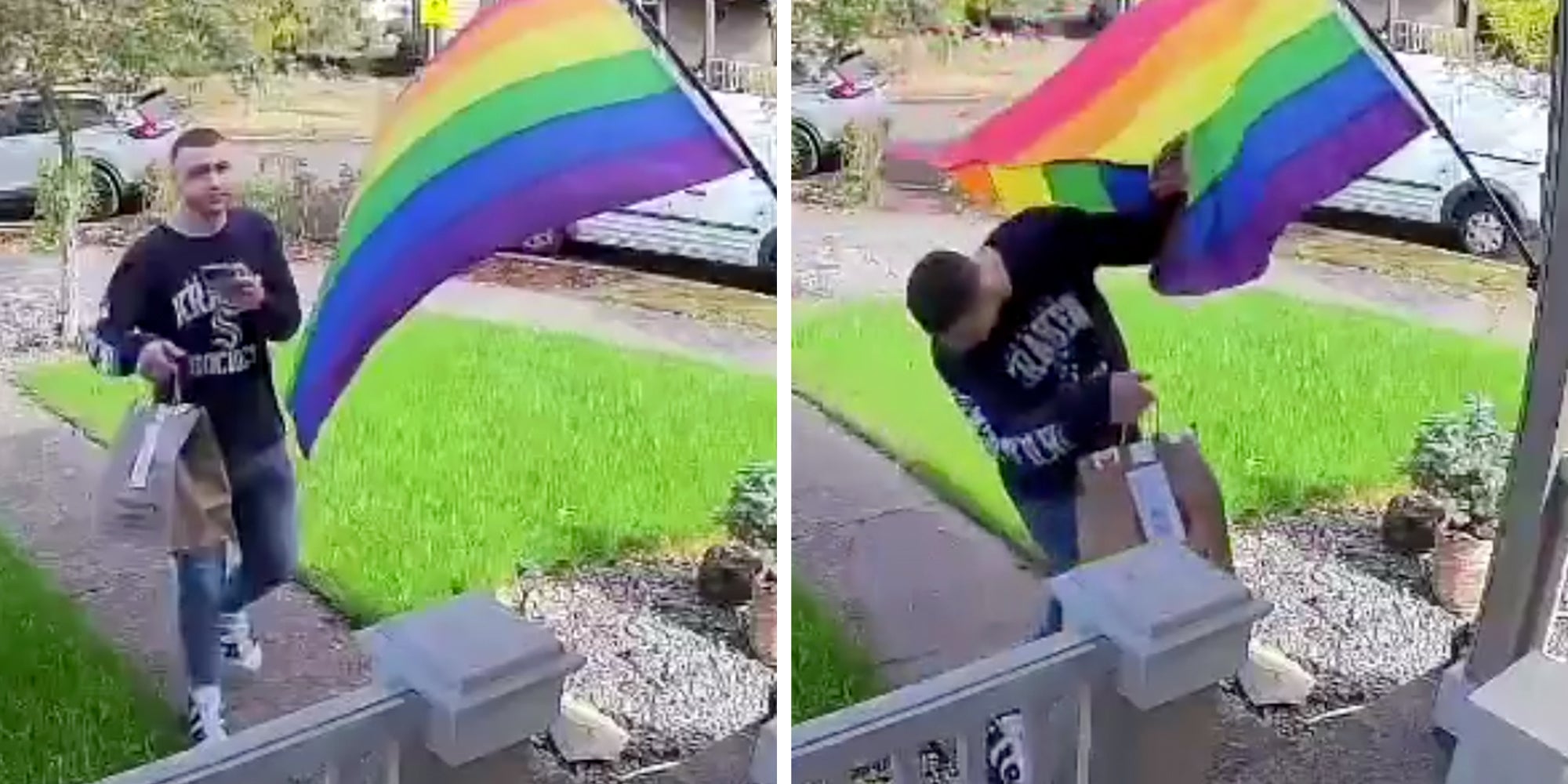 Ring footage of a delivery driver ducking under a Pride flag attached to a front porch.
