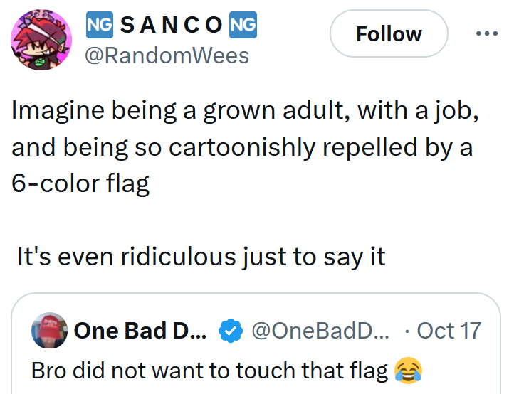 Tweet reading 'Imagine being a grown adult, with a job, and being so cartoonishly repelled by a 6-color flag It's even ridiculous just to say it'
