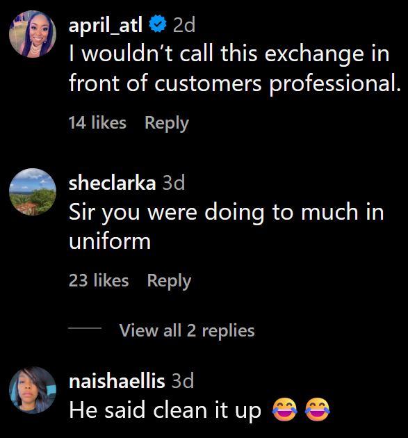 Instagram comments including one reading 'I wouldn’t call this exchange in front of customers professional.'