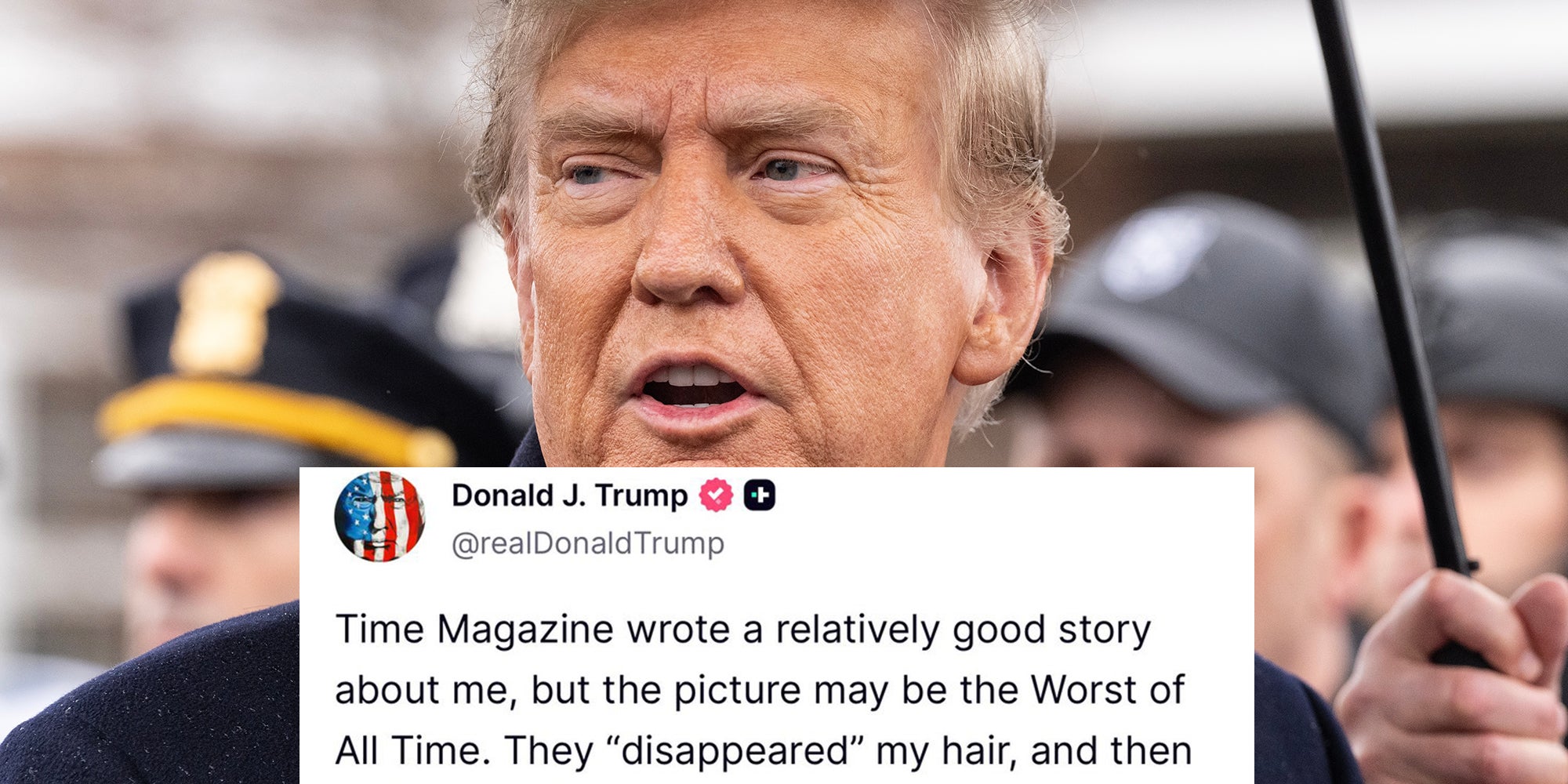 President Donald Trump Jr. speaks to the press after attending wake for NYPD officer Jonathan Diller at Massapequa Funeral Home in Massapequa Park, NY on March 28, 2024. Text overlay from Trump's Truth Social account reads, 'Time Magazine wrote a relatively good story about me, but the picture may be the Worst of All Time.'