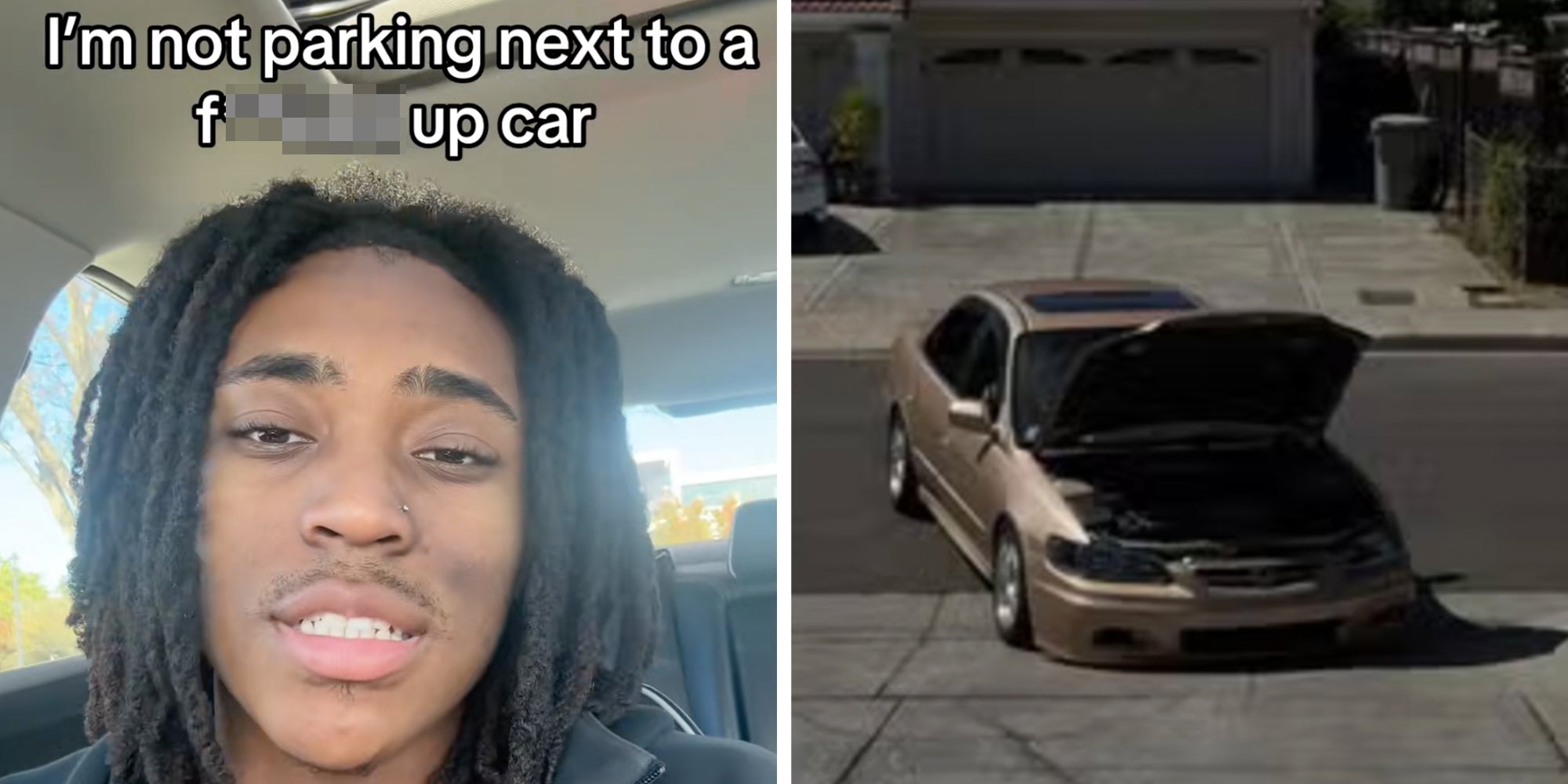 Left: Man looking into camera under text reading 'I'm not parking next to a messed up car.' Right: Honda Accord with its hood up.