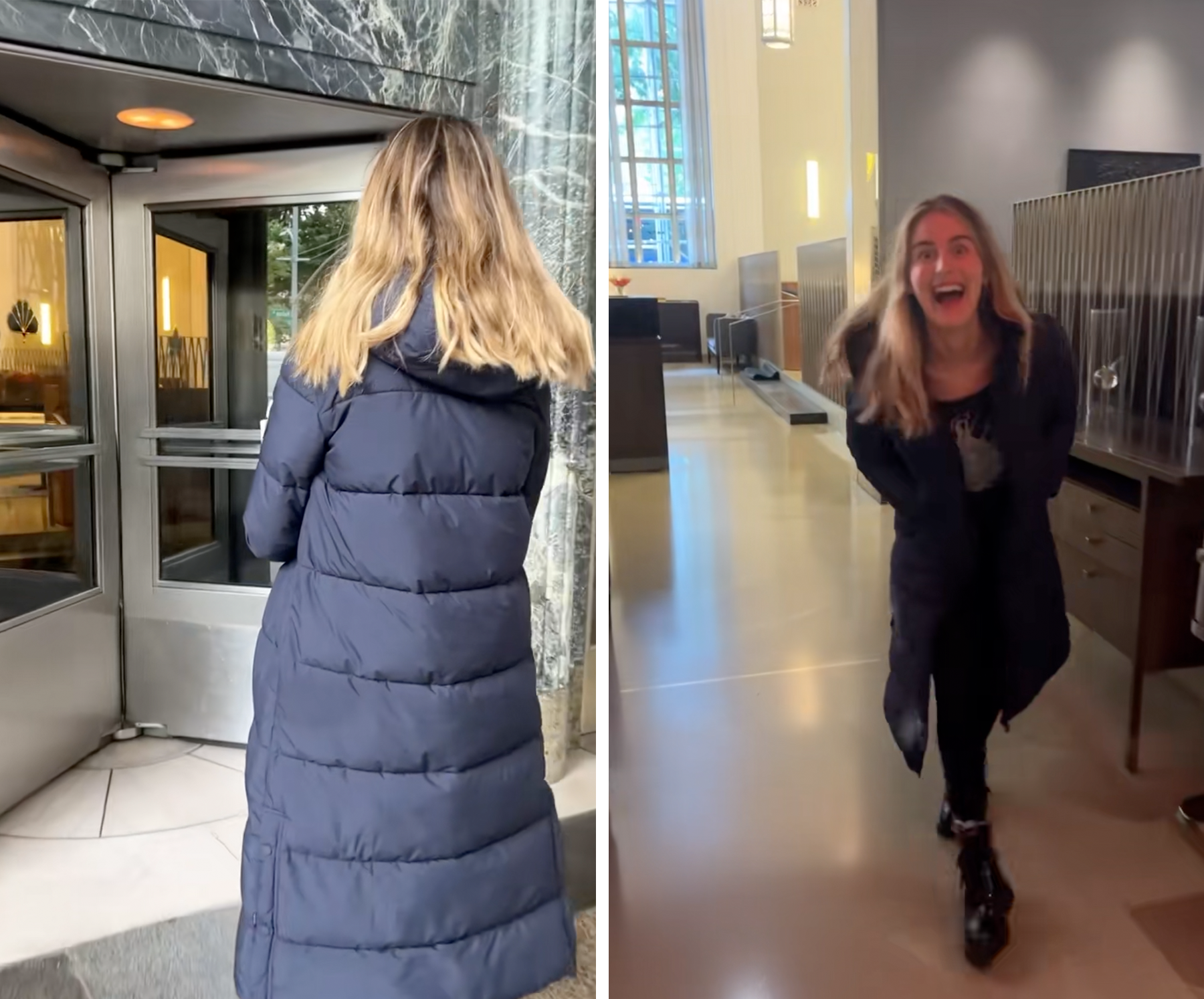 woman bringing a cake into a building, then leaving