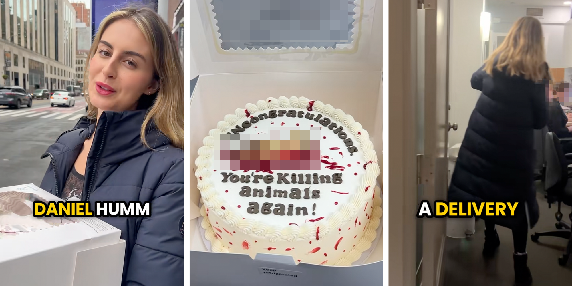 a woman holding a cake depicting a bloody duck that says 'uncongratulations you're killing animals again'