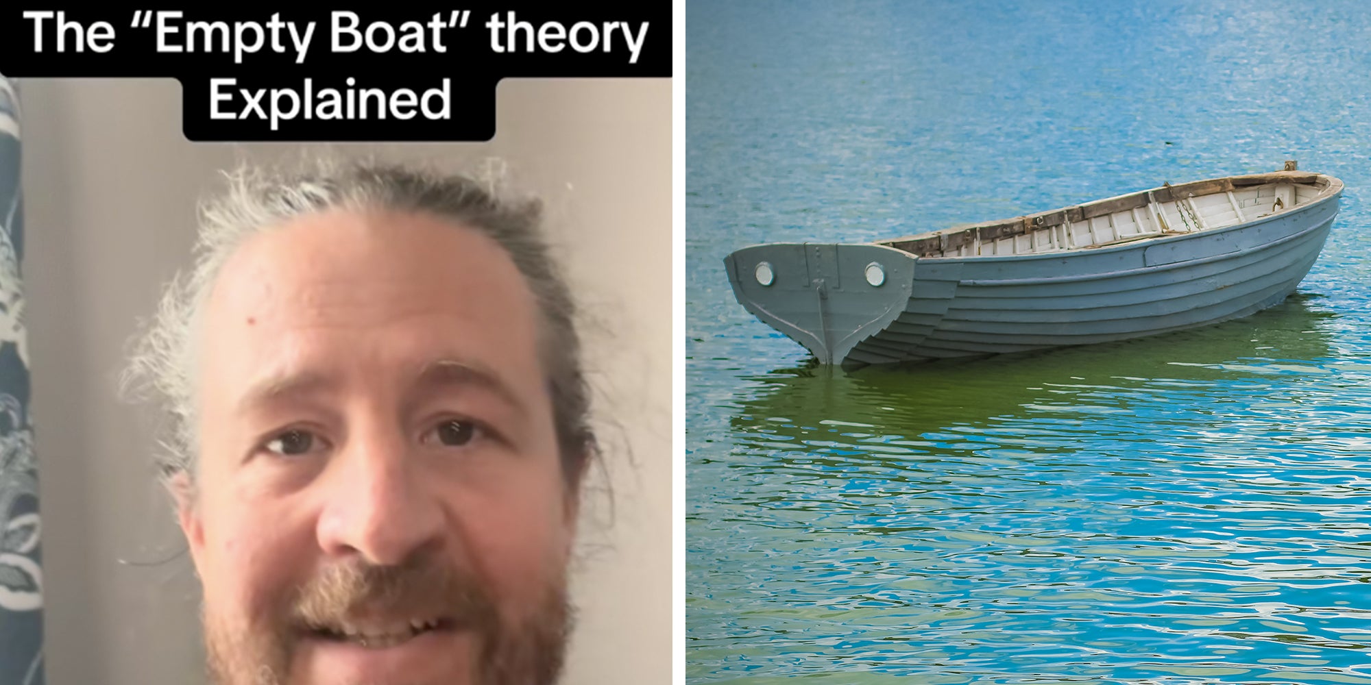 Left: Man looking into camera underneath text reading "The 'Empty Boat' theory explained." Right: Small empty boat on blue water surface