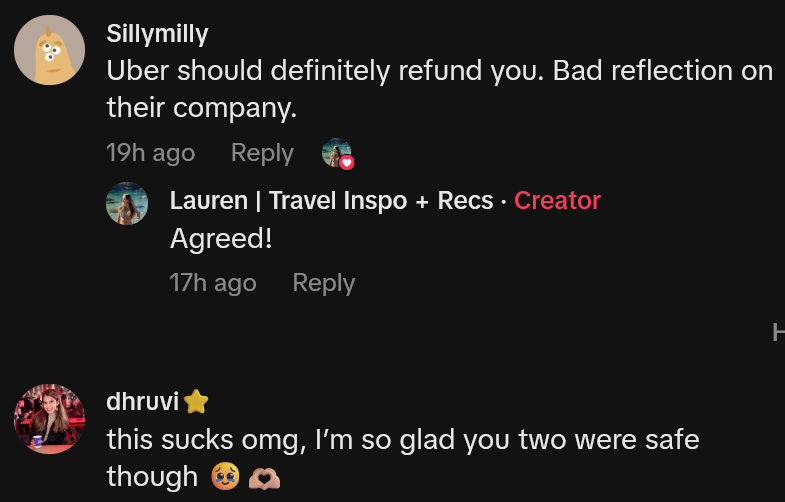 TikTok comments including one reading 'Uber should definitely refund you. Bad reflection on their company.'