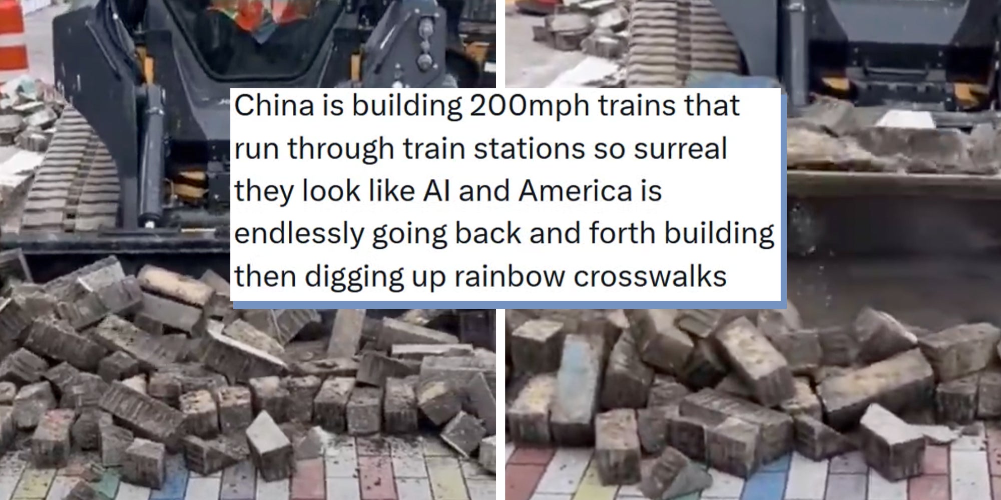 Miami Beach rainbow sidewalk being destroyed by heavy machinery. Tweet overlay reads, 'China is building 200mph trains that run through train stations so surreal they look like AI and America is endlessly going back and forth building then digging up rainbow crosswalks'