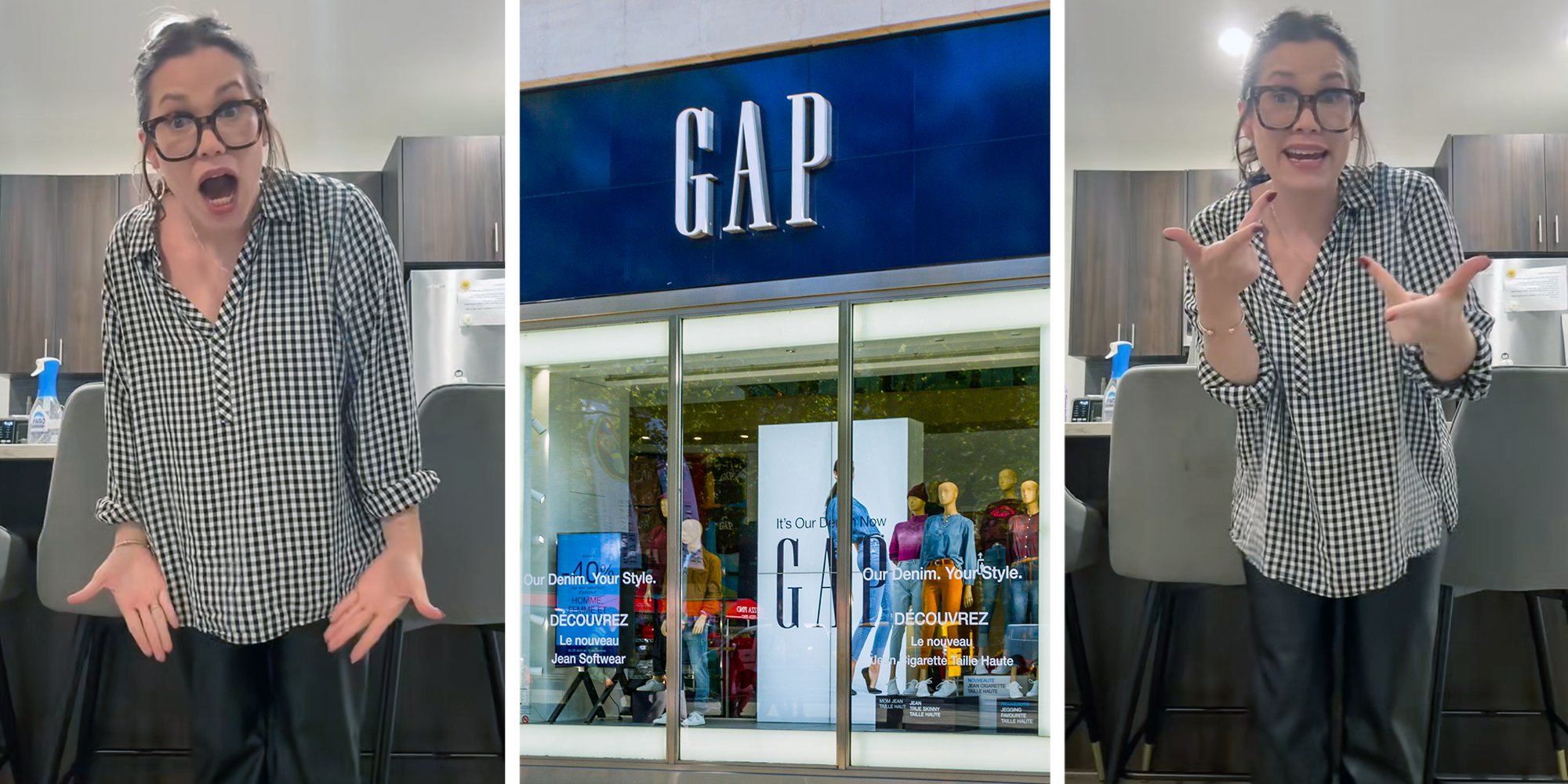 woman demonstrating how gap leather pants make fart noises