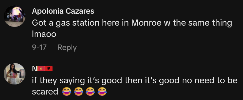 TikTok comments including one reading 'Got a gas station here in Monroe w the same thing lmaoo'