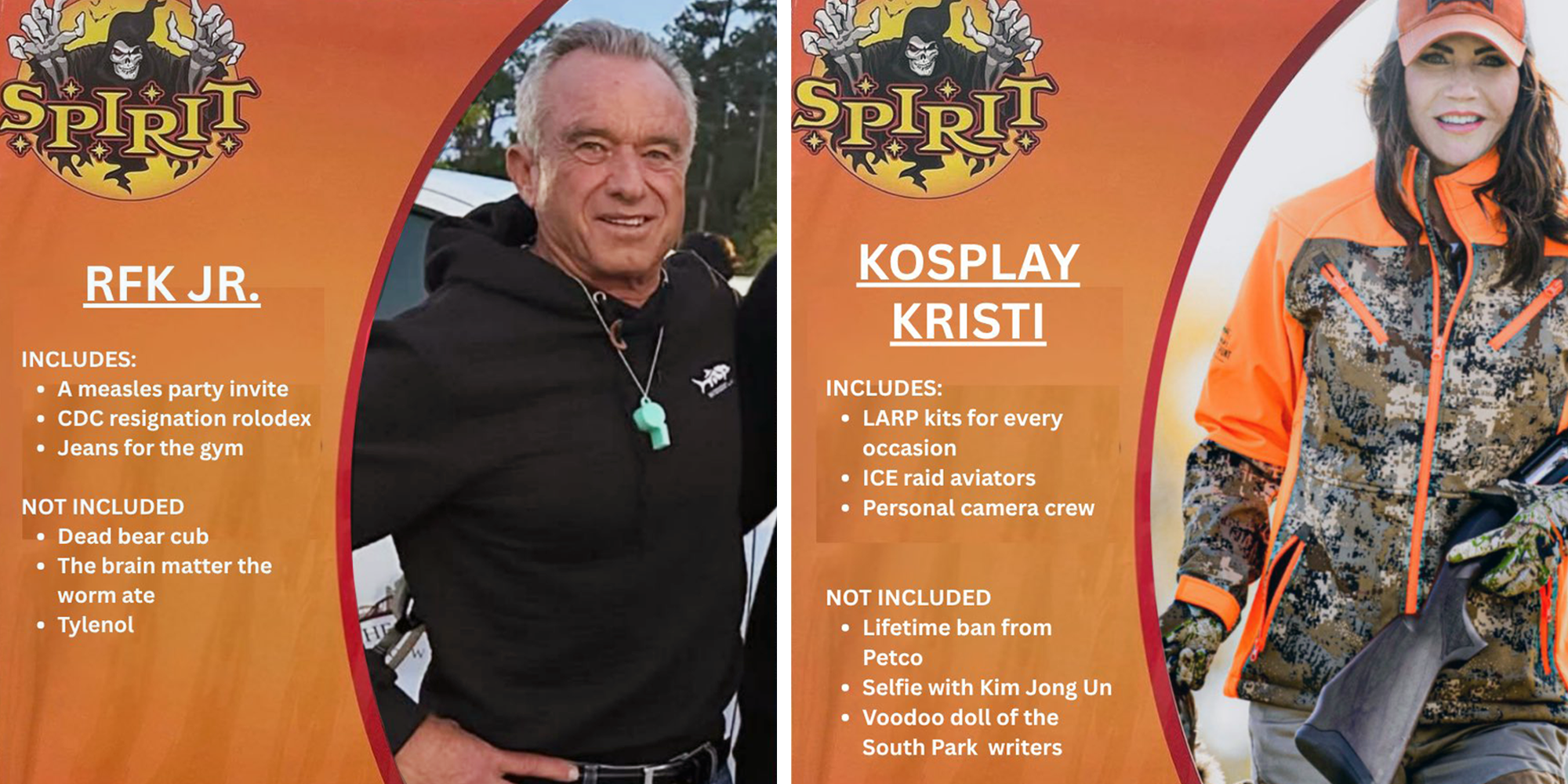 Memes of RFK Jr and Kristi Noem posing as Spirit Halloween costumes