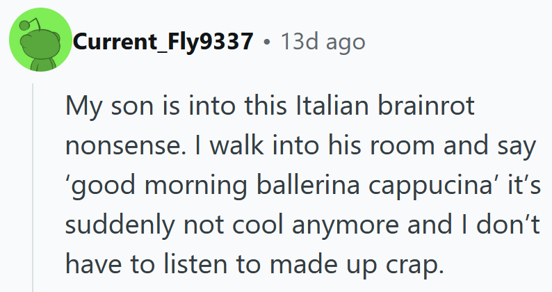 Reddit comment reading 'My son is into this Italian brainrot nonsense. I walk into his room and say ‘good morning ballerina cappucina’ it’s suddenly not cool anymore and I don’t have to listen to made up crap.'