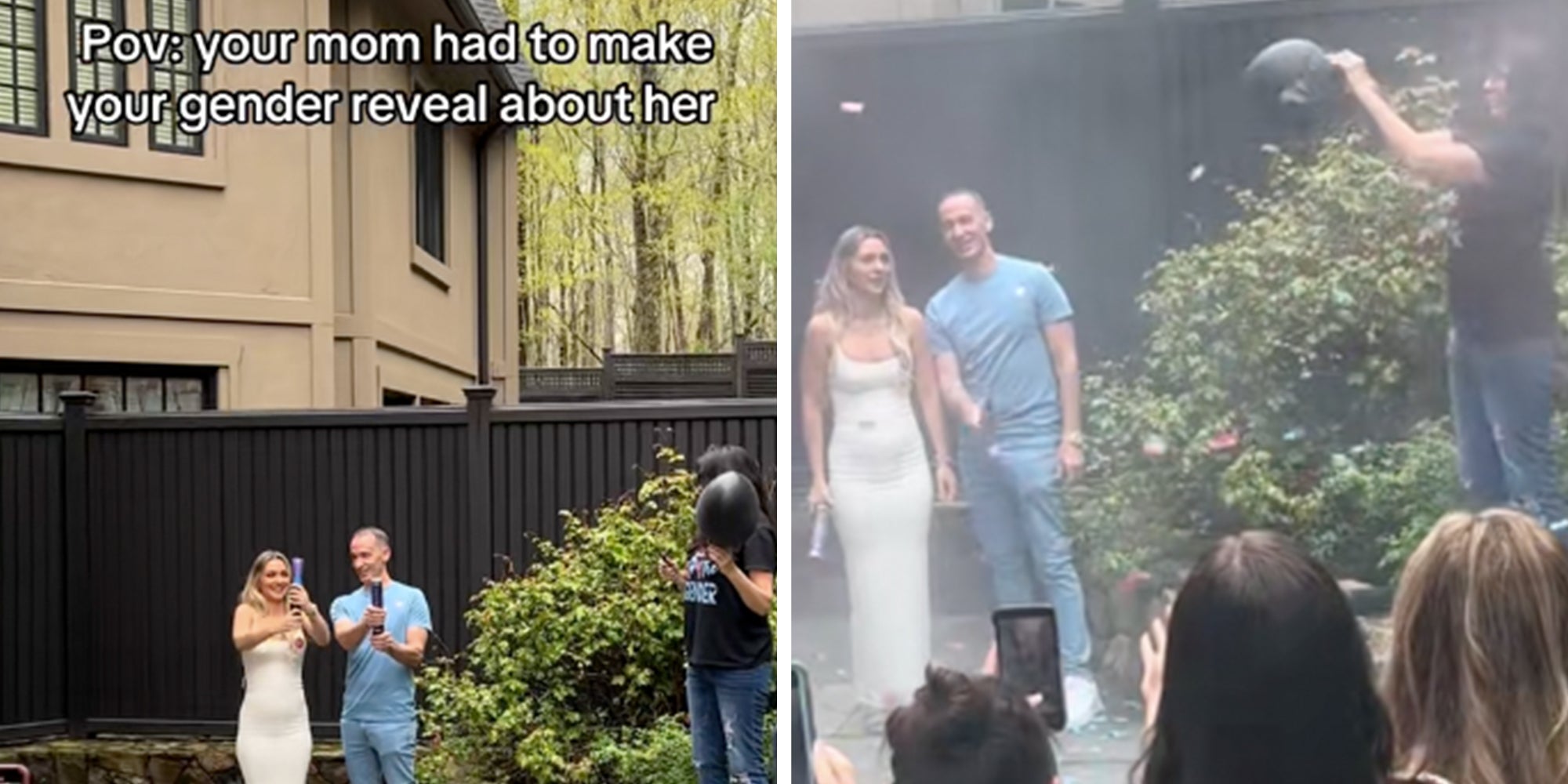 Instagram model and TikTok creator Gianna Wulf standing next to her husband at her gender reveal party. Caption overlay reads, 'Pov your mom had to make your gender reveal about her.'