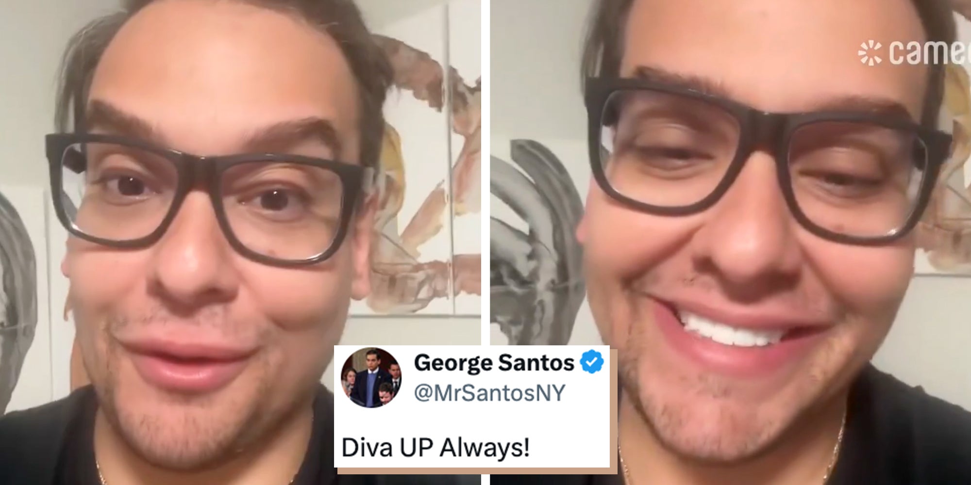 Former New York Rep. George Santos looking into the camera, back on Cameo after having his prison sentence commuted by President Donald Trump.