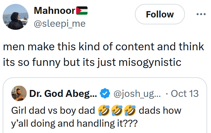 Tweet reading 'men make this kind of content and think its so funny but its just misogynistic'