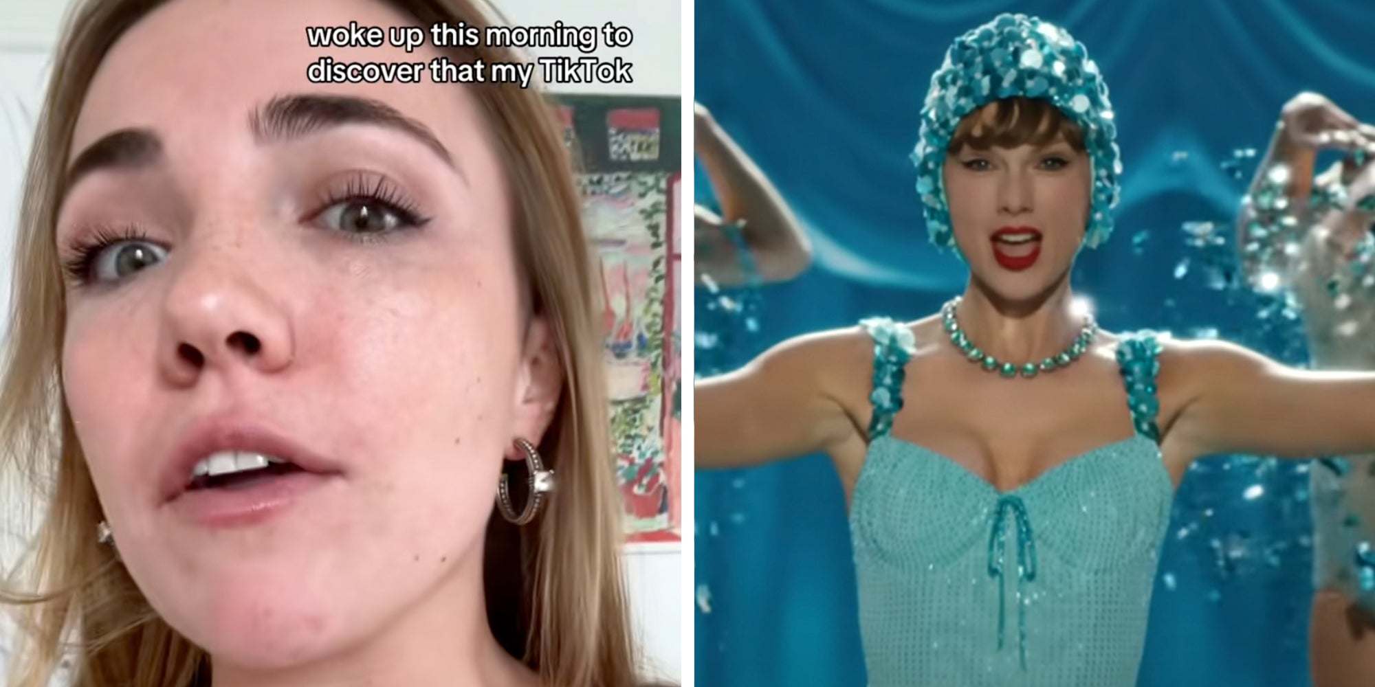 Left: Comedian Caroline Timoney (@carol.in3) explained in a recent video posted to the platform that she was the first person to come up with the phrase “girlbossed too close to the sun” in 2021. Right: Taylor Swift in a blue costume in a music video.