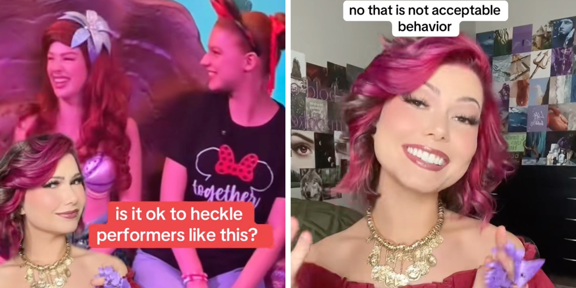 Left: Former Disney performers under text reading 'Is it ok to heckle performers like this?' above a video of a park guest speaking to Ariel character. Right: Woman smiling into camera underneath text reading, 'No that is not acceptable behavior.'
