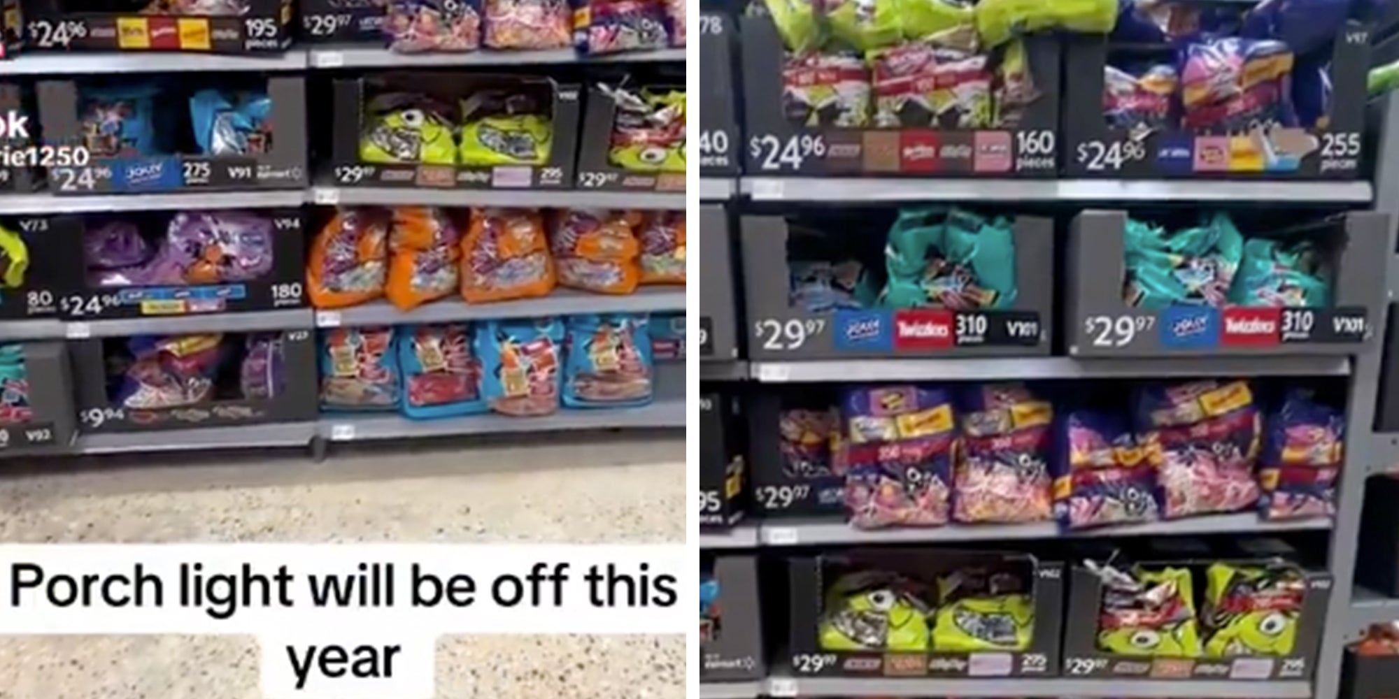Halloween candy display at a store. Text overlay reads, 'Porch lights will be off this year.'
