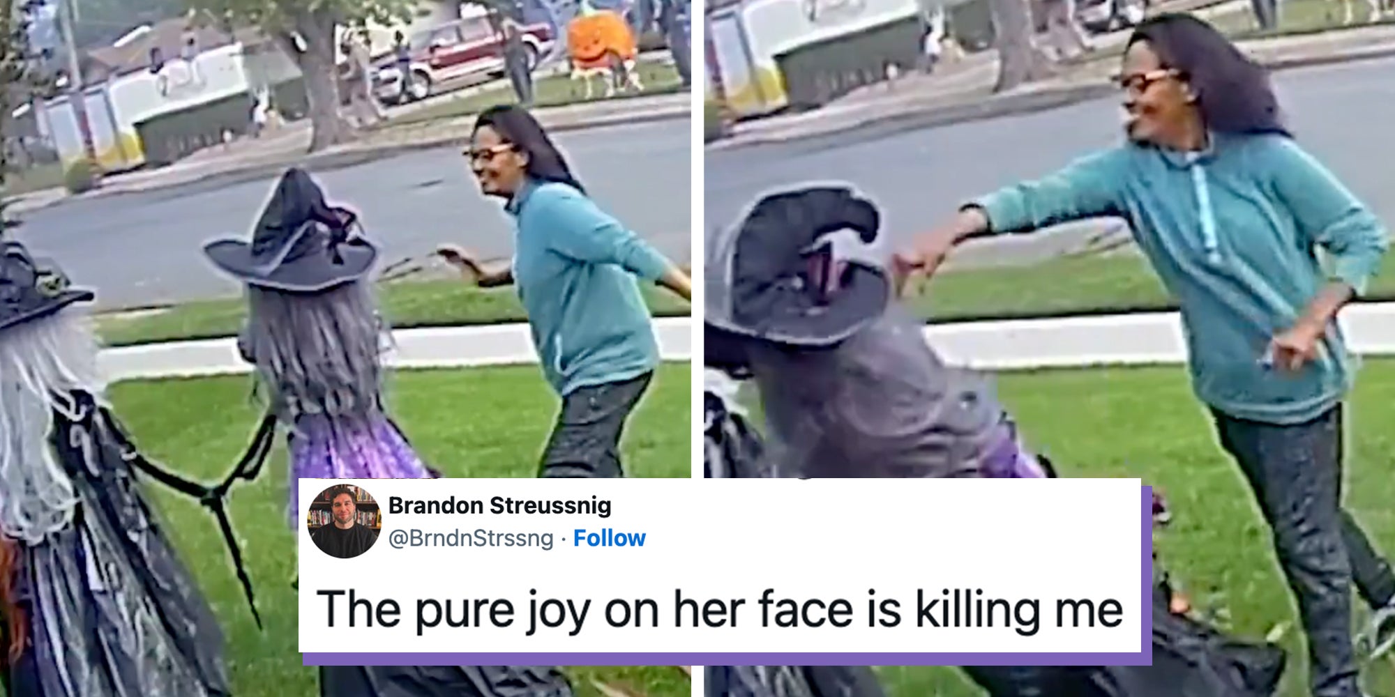 Ring screenshots of a woman jogger gleefully punching a witch decoration in a yard. Tweet text overlay reads, 'The pure joy on her face is killing me.'