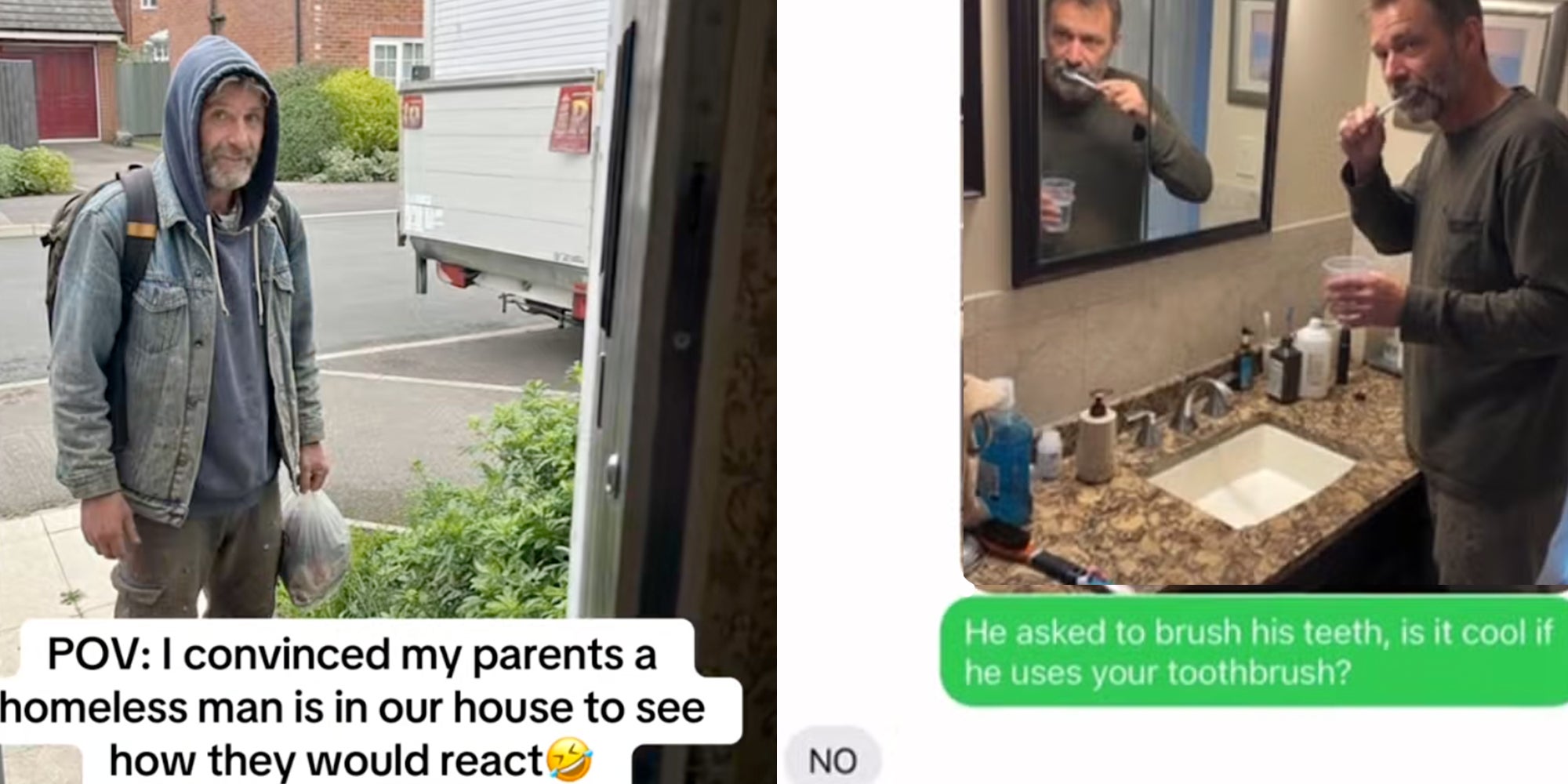 Left: AI-generated homeless man standing outside of a front entryway, caption overlay reads, 'POV: I convinced my parents a homeless man is in our house to see how they would react.' Right: Text exchange between a person who sent an AI-generated image of a homeless man brushing his teeth, text underneath asks, 'He asked to brush his teeth, is it cool if he uses your toothbrush?'