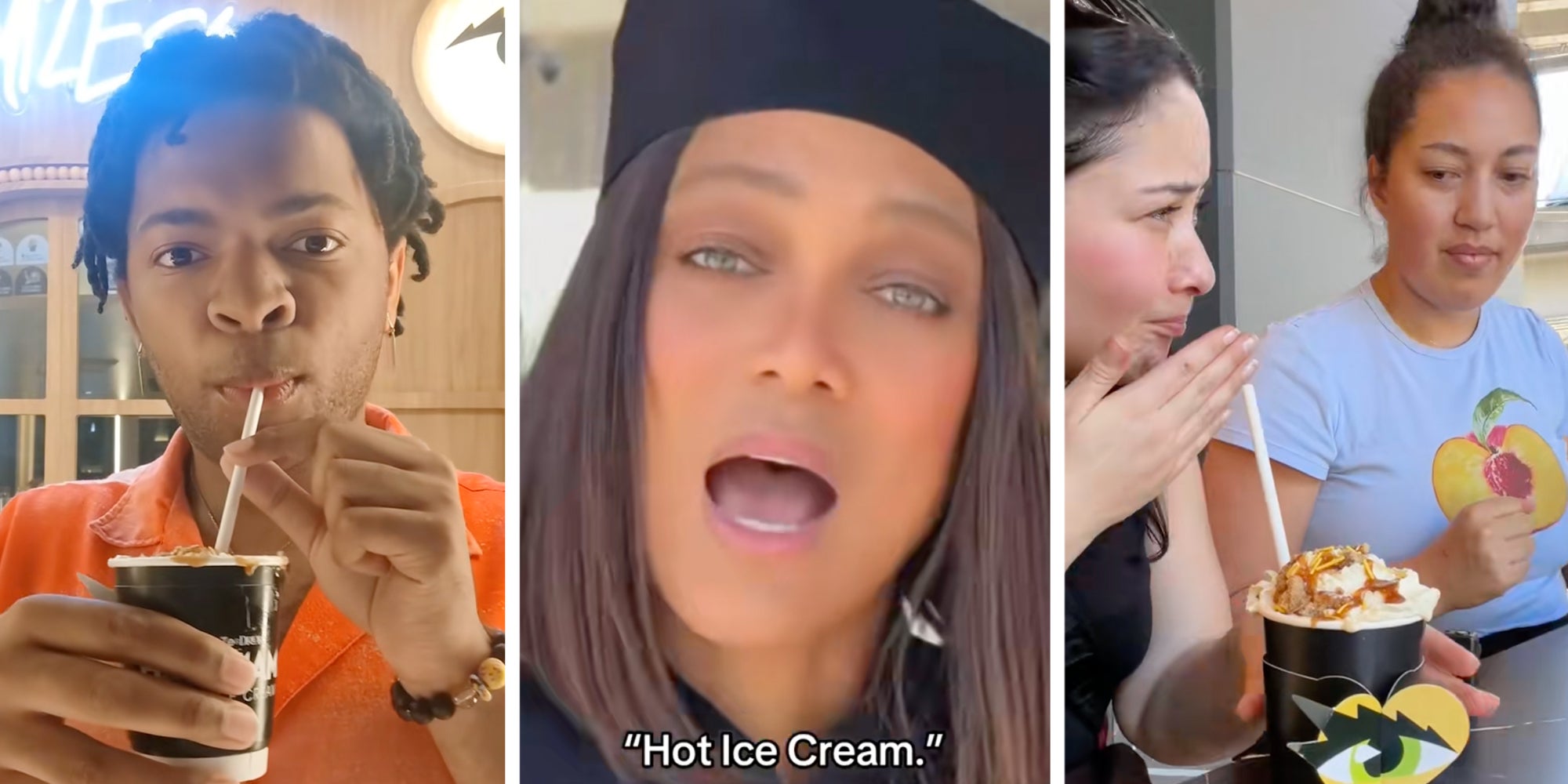 Left: Man trying Tyra Banks' hot ice cream. Middle: Tyra Banks in a chef's hat under text reading, 'Hot ice cream.' Right: Two women trying Tyra Banks' hot ice cream.
