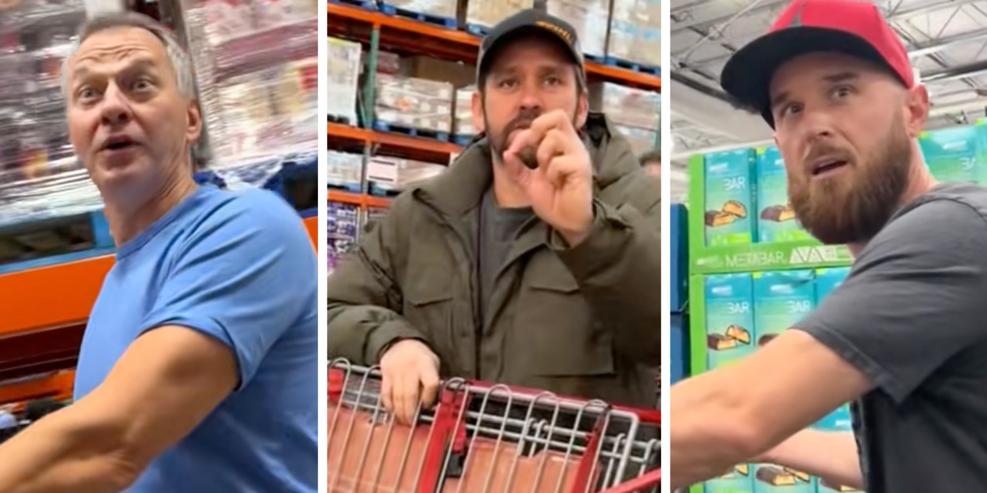3 panel: Three different men in a Costco store.