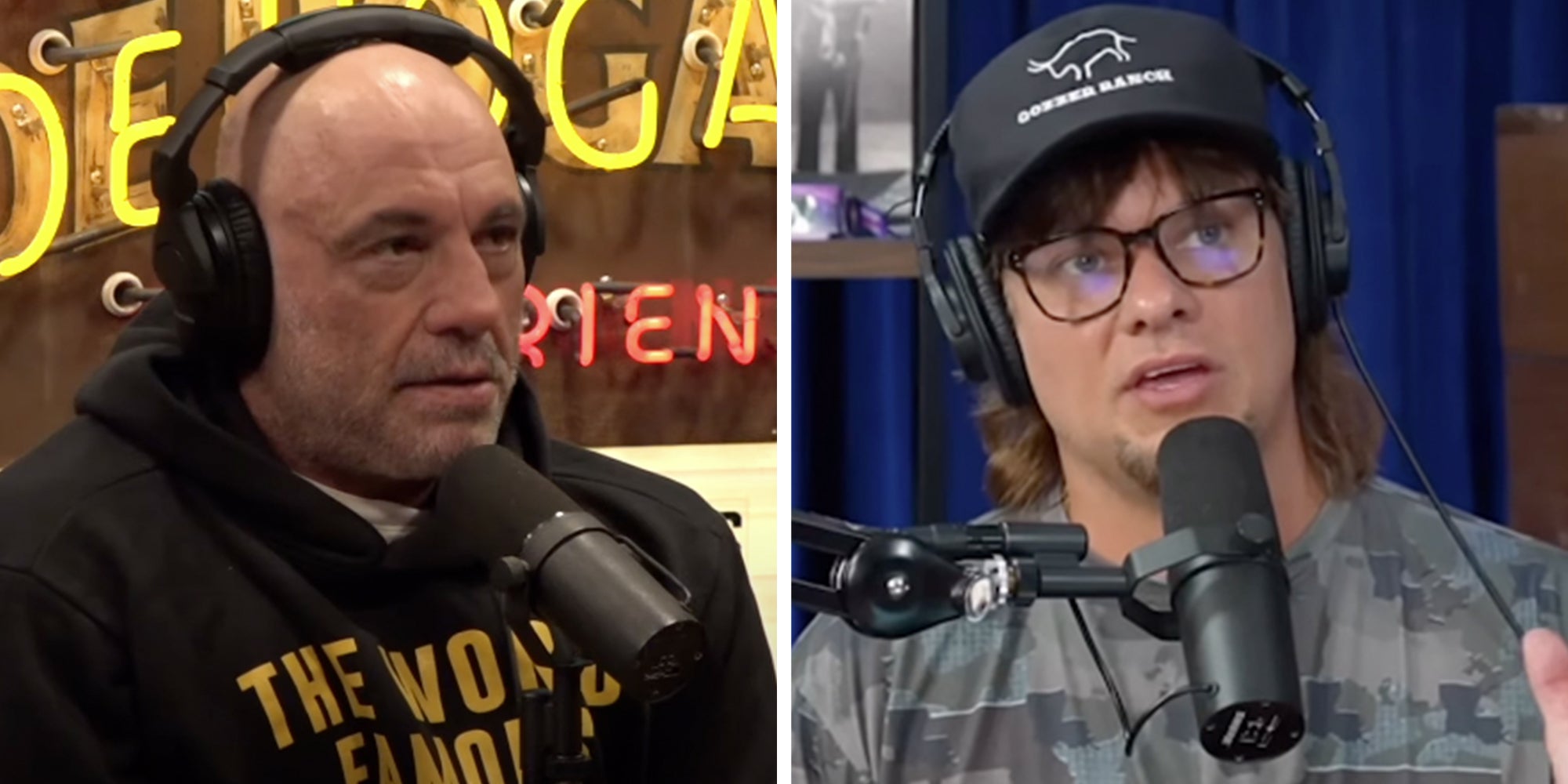 Left: Podcast host Joe Rogan on the set of his show, The Joe Rogan Experience. Right: Comedian and podcast host Theo Von speaking into a microphone.