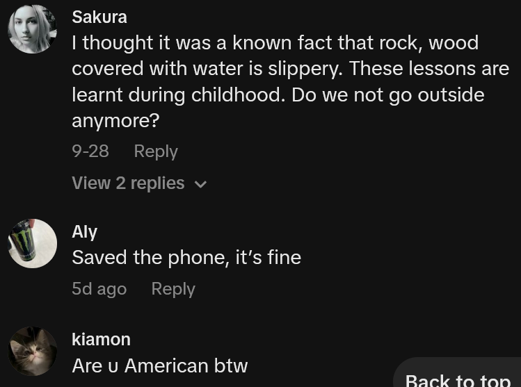 TikTok comments including one reading 'I thought it was a known fact that rock, wood covered with water is slippery. These lessons are learnt during childhood. Do we not go outside anymore?'