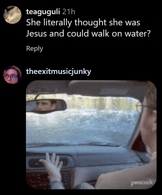 Instagram comments including one reading 'She literally thought she was Jesus and could walk on water?'