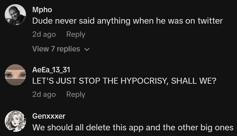TikTok comments including one reading 'Dude never said anything when he was on twitter'