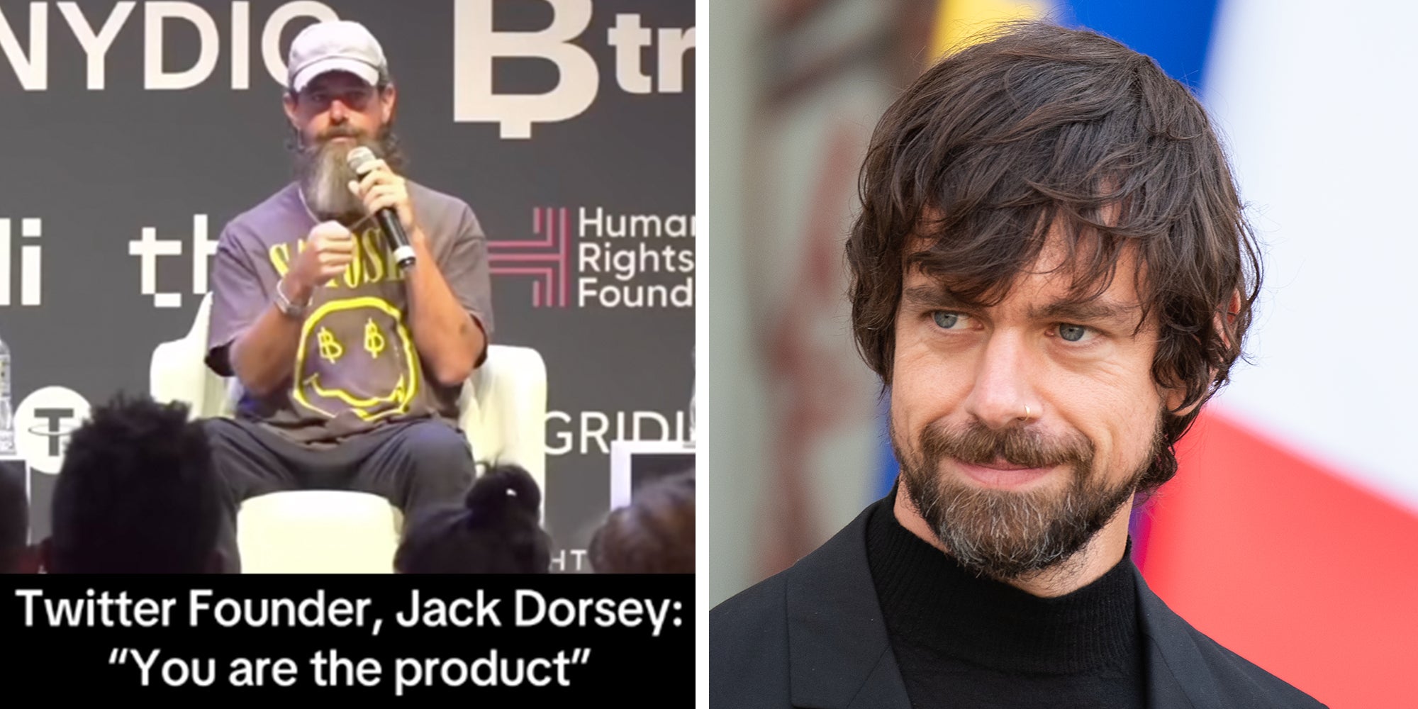 Left: Twitter founder Jack Dorsey in a hat and beard speaking into a microphone at the Africa Bitcoin Conference 2024. Right: CEO of Twitter Jack Dorsey at Elysee Palace in 2019.