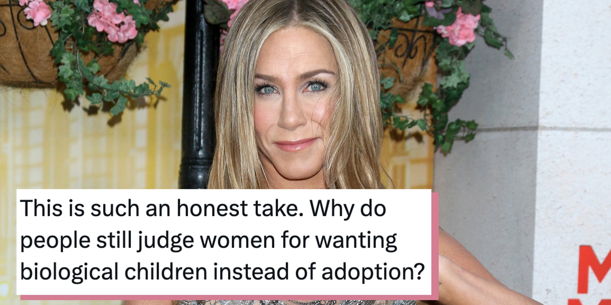 ennifer Aniston at Murder Mystery 2 Premiere at the Village Theater on March 28, 2023 in Westwood, CA. Tweet overlay reads, 'This is such an honest take. Why do people still judge women for wanting biological children instead of adoption?'