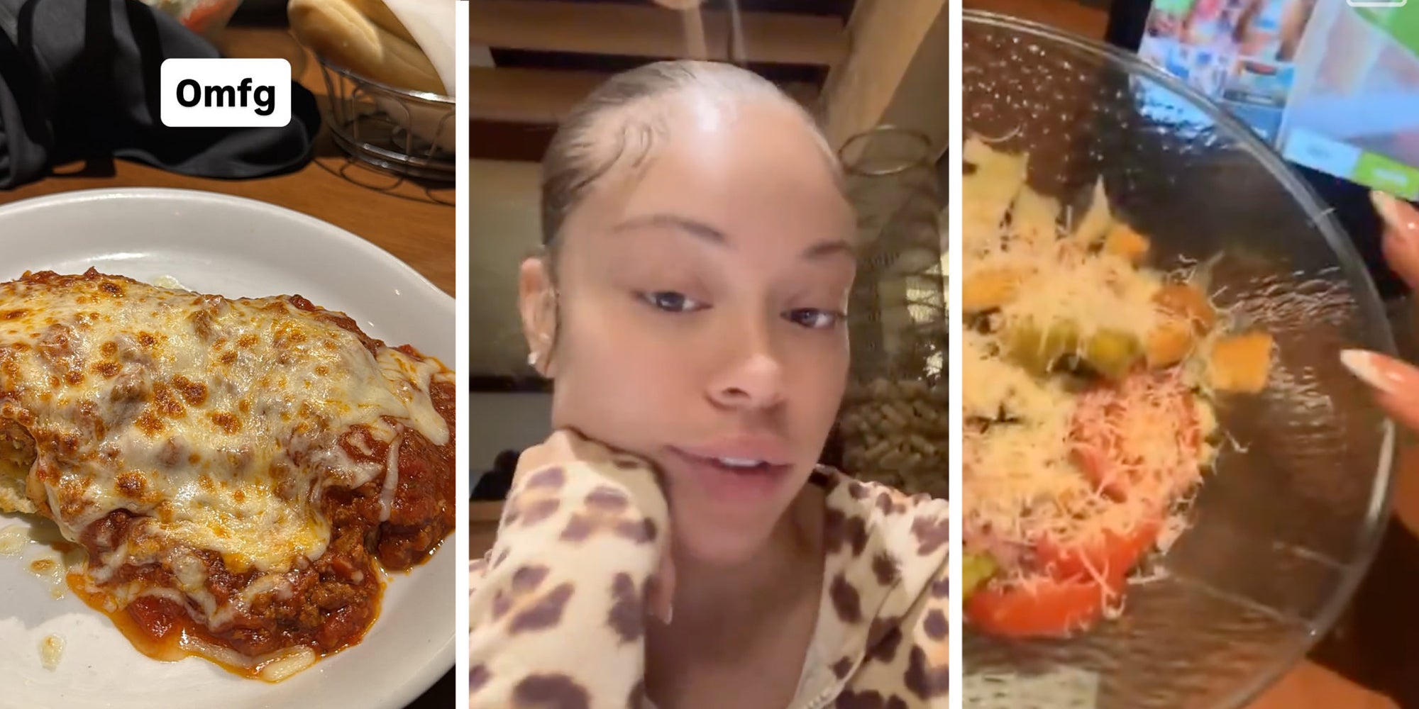 3 panel: Left: Chicken parmesan plate at Olive Garden. Middle: Latto looking into the camera. Right: Latto's fingers pointing to salad at Olive Garden.