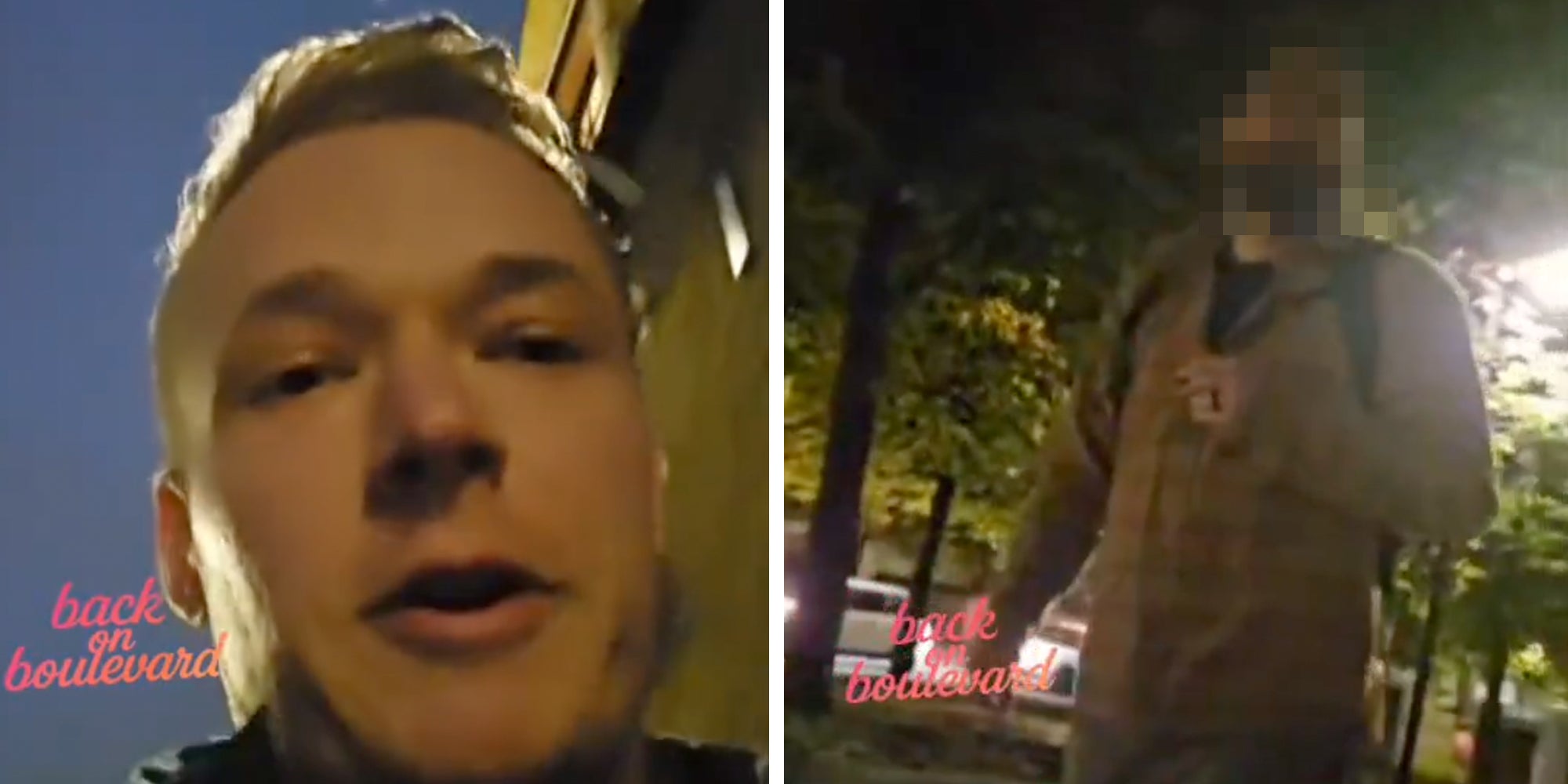Left: Man looking into camera at night. Right: GTA 6 developer looking at man filming him.