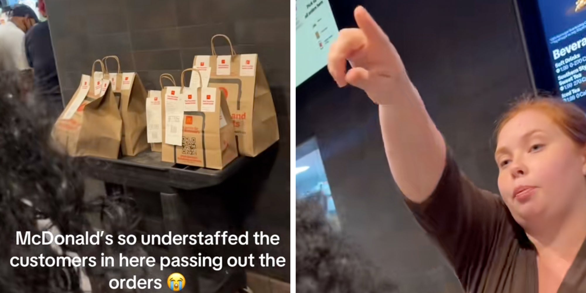 Left: A McDonald's table swarmed by DoorDash orders in paper bags. Right: Woman pointing inside a McDonald's.